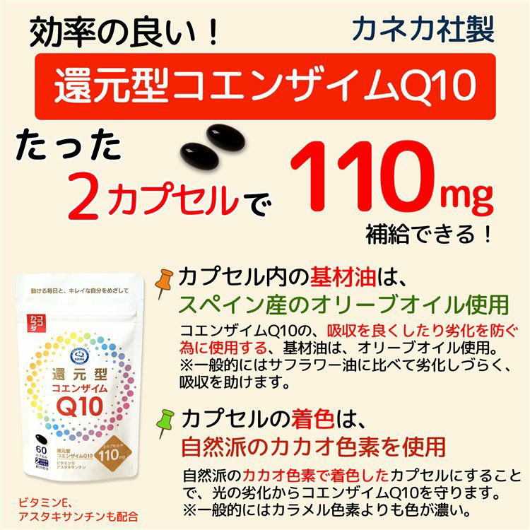 カネカ社の還元型コエンザイムQ10をたった２カプセルで110mg配合したココカラダ